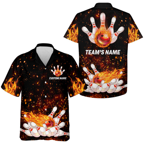 Flame Hawaiian Bowling Shirt, Personalized Team Bowlers Jersey Short Sleeve Button Down Fire Bowling NBH65