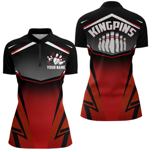 Custom Bowling Shirt for Women, Kingpins Red Quarter-Zip Bowling Shirt with Name Ladies Bowl Jersey NBZ180