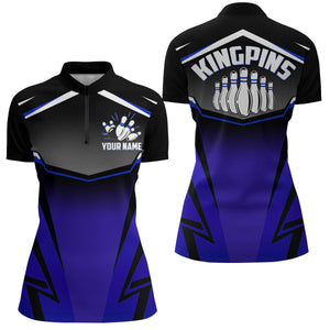 Custom Bowling Shirt for Women Kingpins Blue Quarter-Zip Bowling Shirt with Name Ladies Bowl Jersey NBZ181