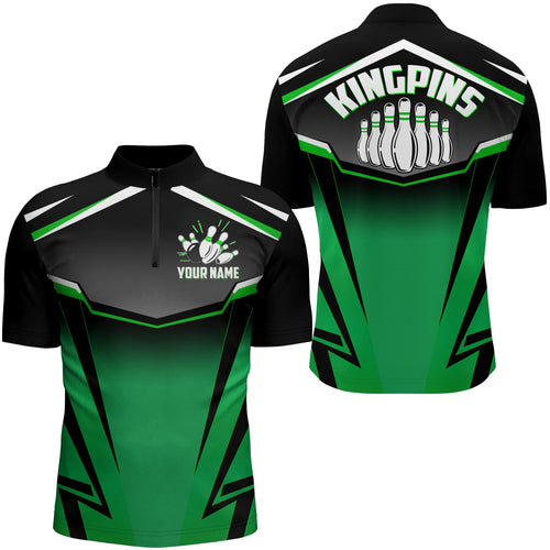 Custom Bowling Shirt for Men Kingpins Green Quarter-Zip Bowling Shirt with Name, Men Bowlers Jersey NBZ182