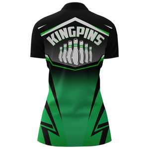 Custom Bowling Shirt for Women Kingpins Green Quarter-Zip Bowling Shirt with Name Ladies Jersey NBZ182