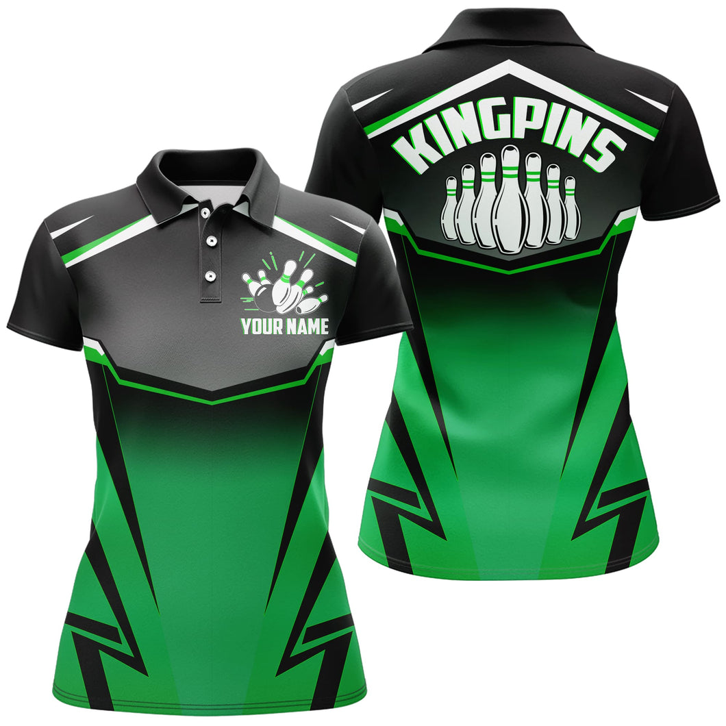 Custom Bowling Shirt for Women Kingpins Green Polo Bowling Shirt with Name, Ladies Bowling Jersey NBP182