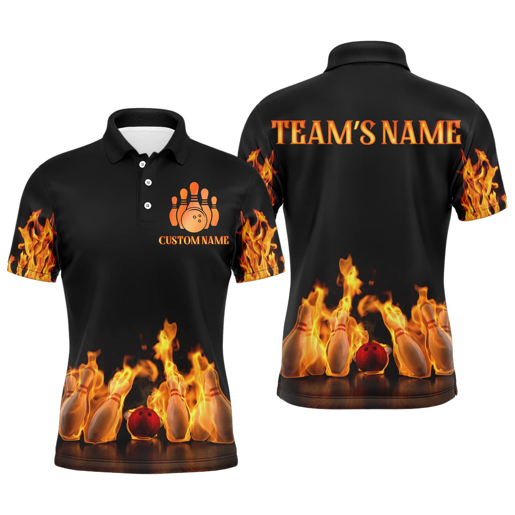 Custom Fire Bowling Shirt for Men, Flames Bowling Jersey with Name League Bowling Team Polo Shirt NBP174
