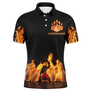 Custom Fire Bowling Shirt for Men, Flames Bowling Jersey with Name League Bowling Team Polo Shirt NBP174