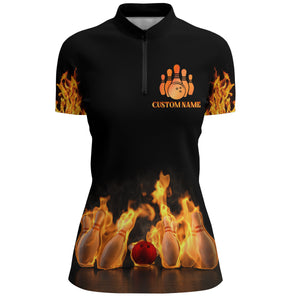 Custom Fire Bowling Shirt for Women Flames Bowling Jersey with Name League Ladies Quarter-Zip Shirt NBZ174