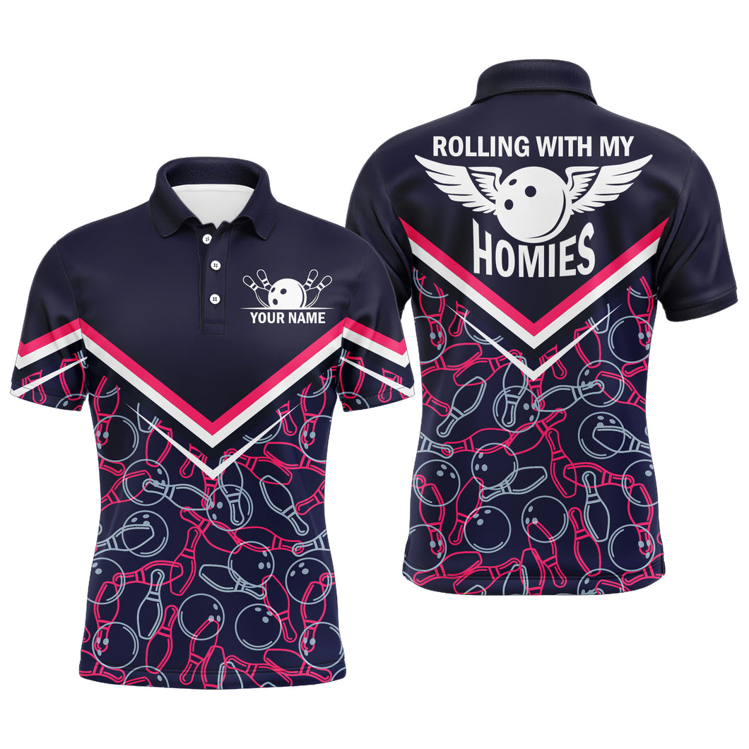 Rolling with My Homies Personalized Polo Bowling Shirt for Men, Bowling Pattern Jersey Short Sleeve NBP135