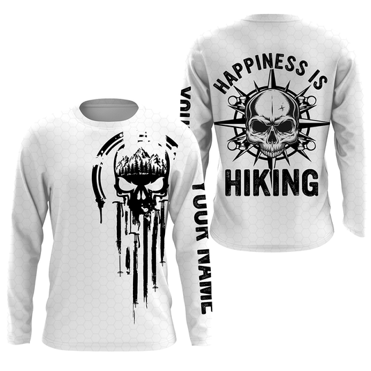 Happiness is Hiking Skull Hiker Shirt Hiking Gifts for Dad Hikers Custom Name Sun Protection Hiking Shirts SP5