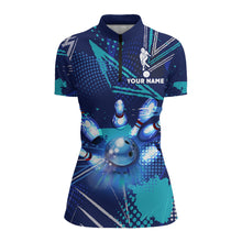 Load image into Gallery viewer, Bowling Quarter Zip Shirt for Women Custom Blue Bowling Jersey Ladies Bowling Team League Shirt BDT97