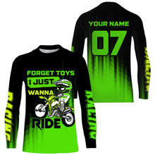 Load image into Gallery viewer, Youth Motocross Jersey UPF30+ Custom Green Dirt Bike Shirt For Boy Girl Forget Toys Just Wanna Ride PDT529