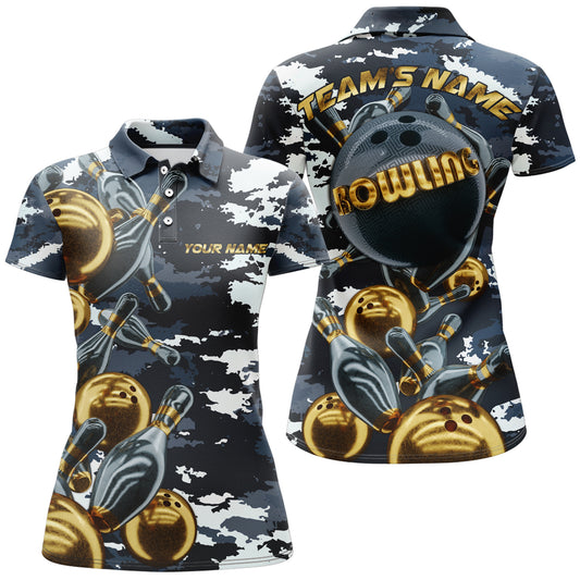 Custom Bowling Shirt for Women Camo Navy Bowling Team Jersey Women's Bowling Polo Shirt BDT42