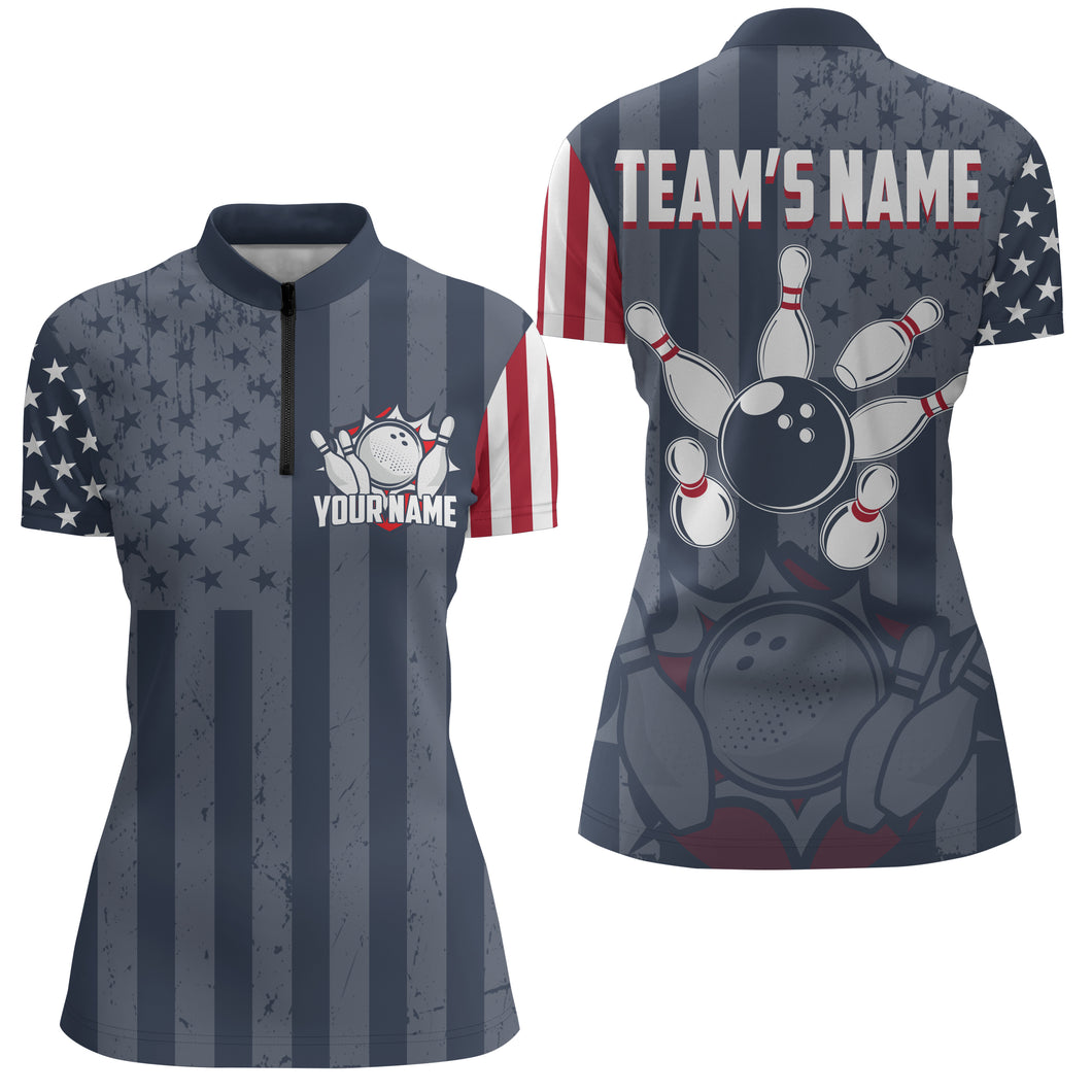 Custom Bowling Quarter Zip Shirt For Women USA Flag Bowling Jersey 1/4 Zip Bowling Team Shirt BDT50