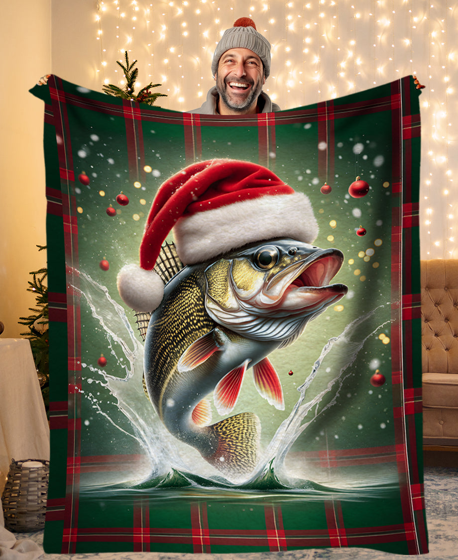 Christmas Walleye Fishing Blanket, Christmas Plaid Walleye Fishing Gifts IPHW5679