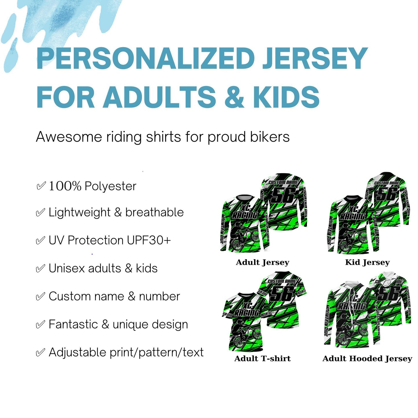 Green XC mountain bike jersey UPF30+ Cross-country kid adult MTB shirt cycling gear| SLC107
