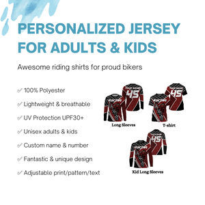 Motocross Racing Jersey Personalized  UPF30+, Motorcycle Red Dirt Bike Racing Off-Road Riders Racewear| NMS433