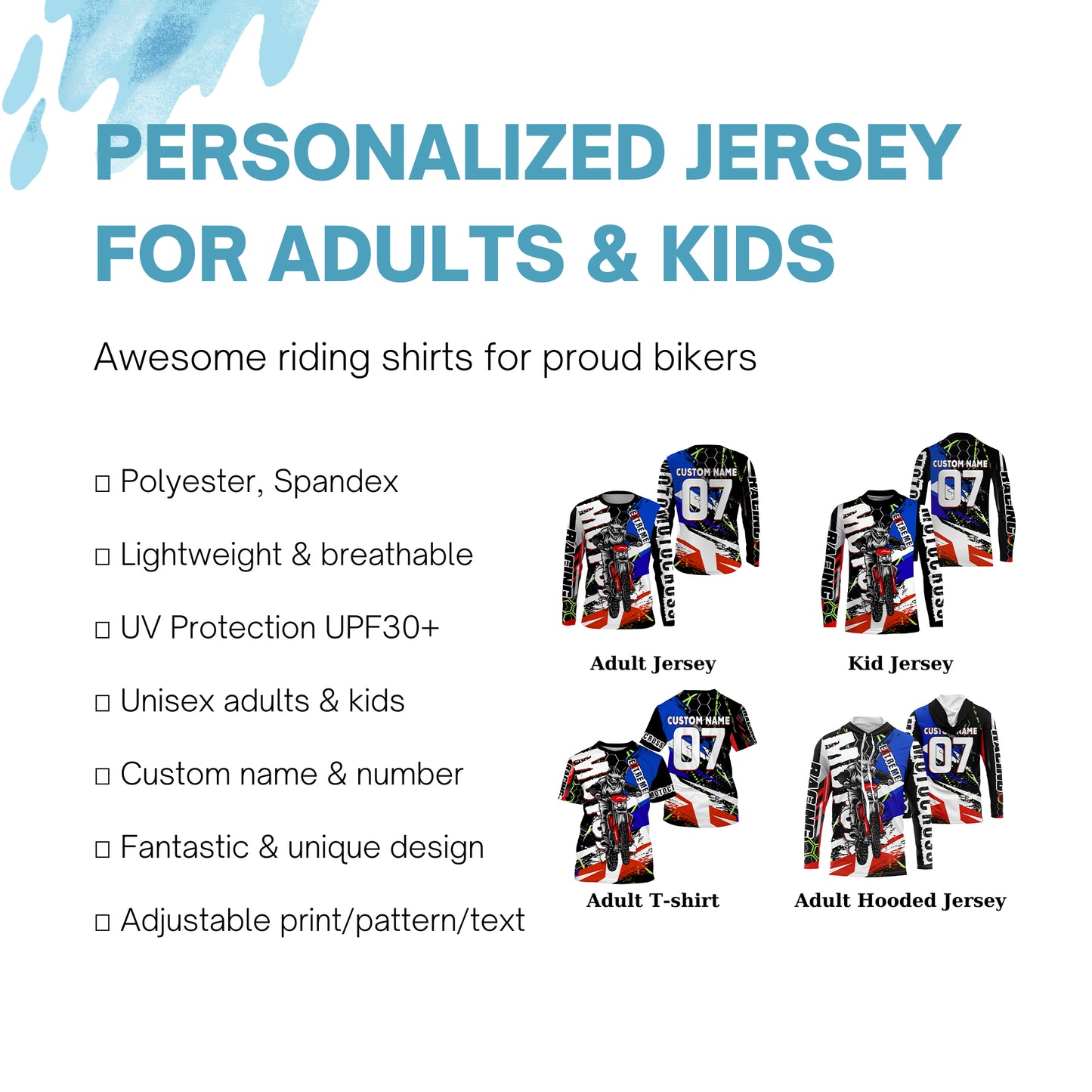 Custom Motocross racing jersey UV protective kid&adult MX dirt bike motorcycle off-road racewear| NMS933