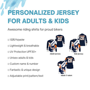 Personalized Motocross racing jersey blue and white UPF30+ youth adult dirt bike MX extreme shirt PDT189