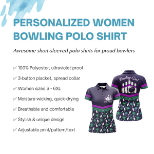 Women Polo Bowling Shirt Personalized, Bowling Girl Purple Bowlers Jersey Short Sleeves NBP34