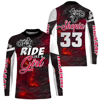 Ride Like A Girl Motocross Jersey Personalized UPF30+ Red Dirt Bike Riding Shirt Women Girls NMS741