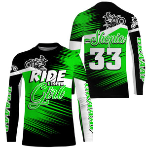 Ride Like A Girl Motocross Jersey Personalized UPF30+ Green Dirt Bike Riding Shirt Women Girls NMS737