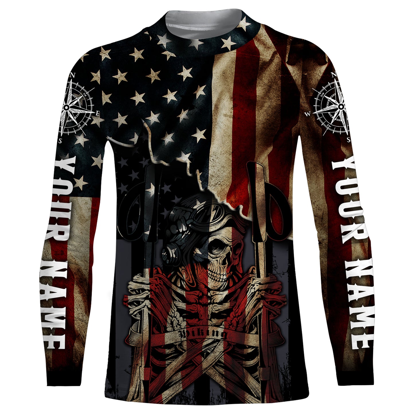 Personalized American Hiking Shirt - Patriotic Skull Hiking Sticks Jersey, Gifts for Hikers and Campers| SP119
