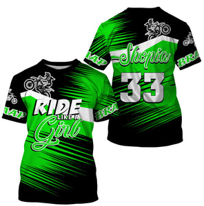 Ride Like A Girl Motocross Jersey Personalized UPF30+ Green Dirt Bike Riding Shirt Women Girls NMS737