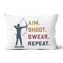 Load image into Gallery viewer, Funny Vintage Archery Aim Shoot Swear Repeat Custom Name White Pillow TDM0755