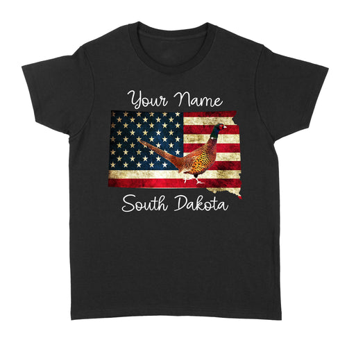 Pheasant hunting shirt South Dakota American Flag bird hunter custom name T-shirt - FSD1162 D06