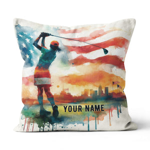 Watercolor American Flag Custom Pillow Personalized Patriot Golfer Gifts LDT1174